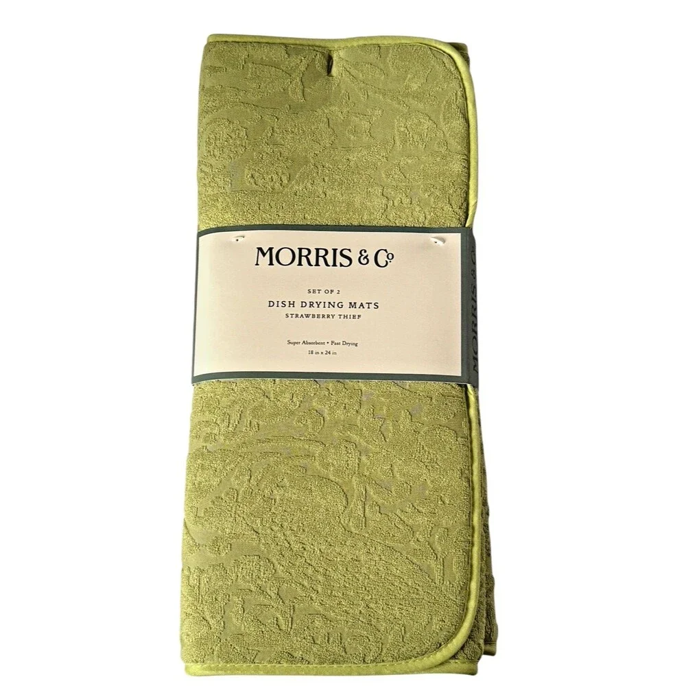Morris & Co Strawberry Thief Kitchen Dish Drying Mats Green 18X24 Set of 2